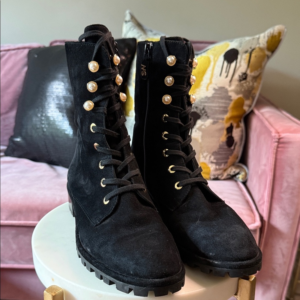 Stuart Weitzman Suede Elegant Black Lace-Up Boots with Pearl Detailing